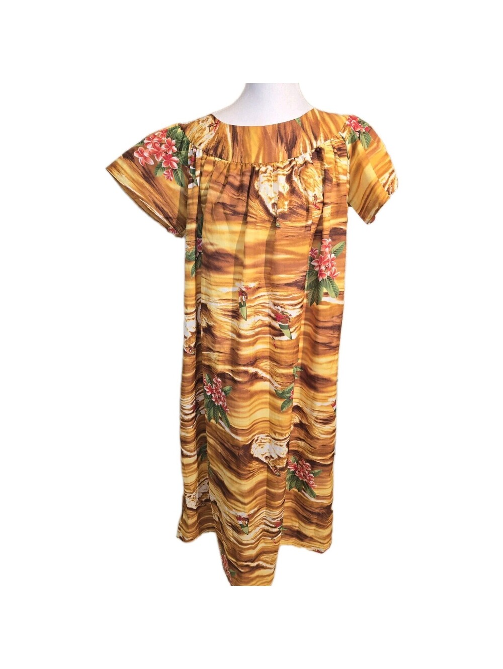 Vtg Made In Hawaii Muu Muu 70s Features Surf Surfers Hibiscus Orange Brown Sz XL